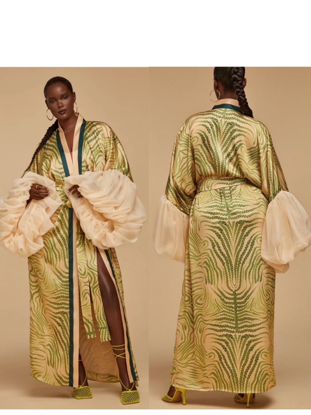 Fe Noel Green Scarf Ritual Print Wilted Sleeve Robe Voluminous Sleeves - Picture 1 of 8